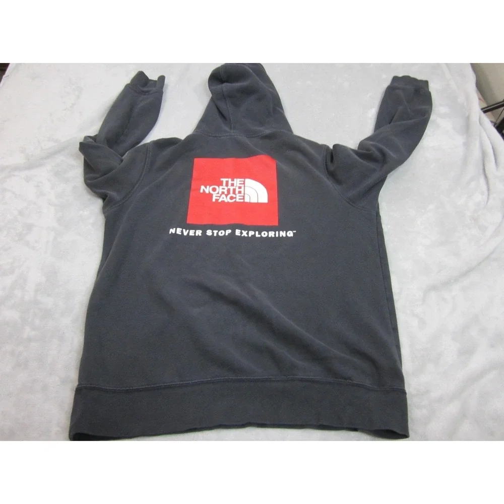 The North Face Hoodie Mens L Gray Pullover Red Box Logo Never Stop Exploring